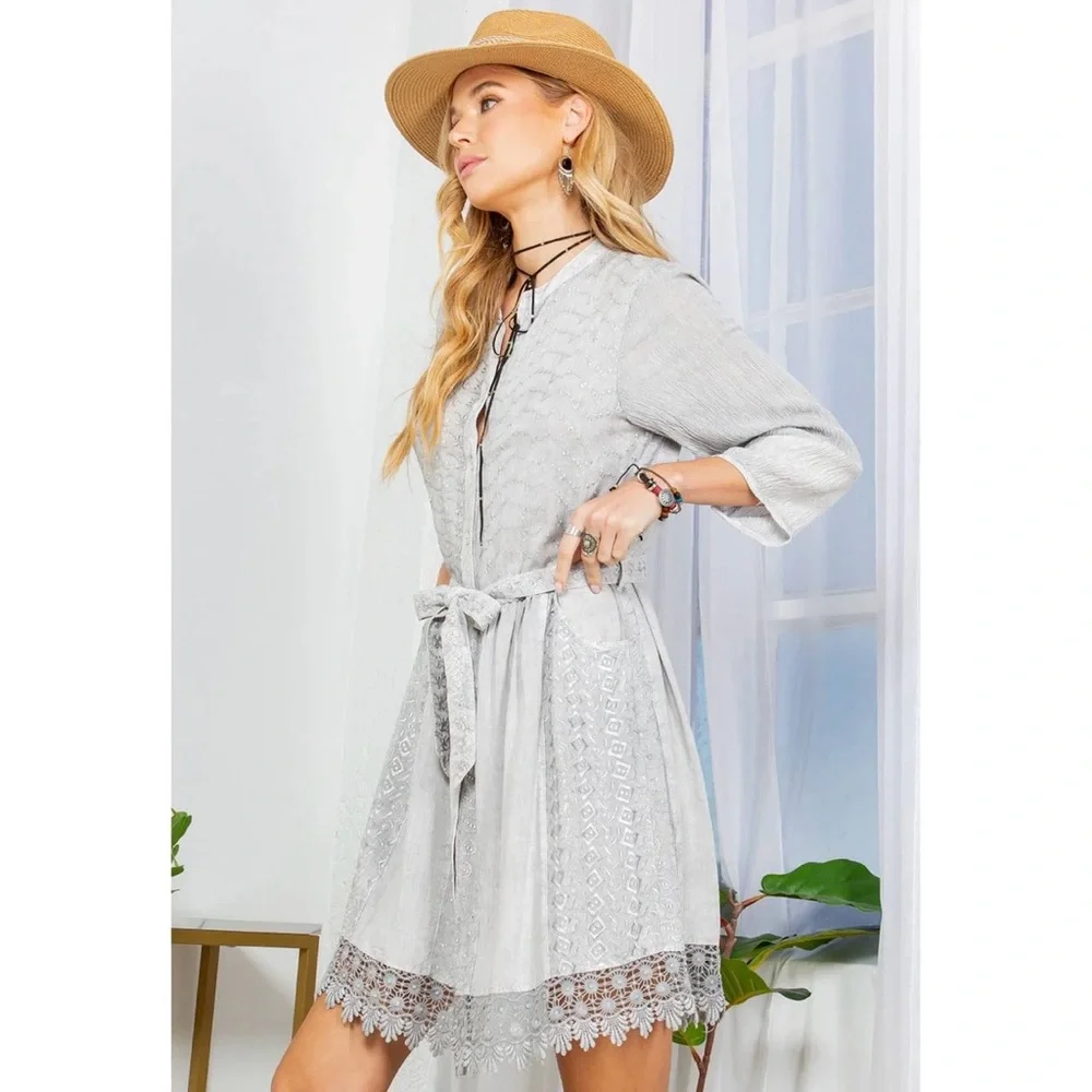 Young Threads Bohemian Baby Doll Button Down Dress in Light Gray Size L NWT - Picture 4 of 14